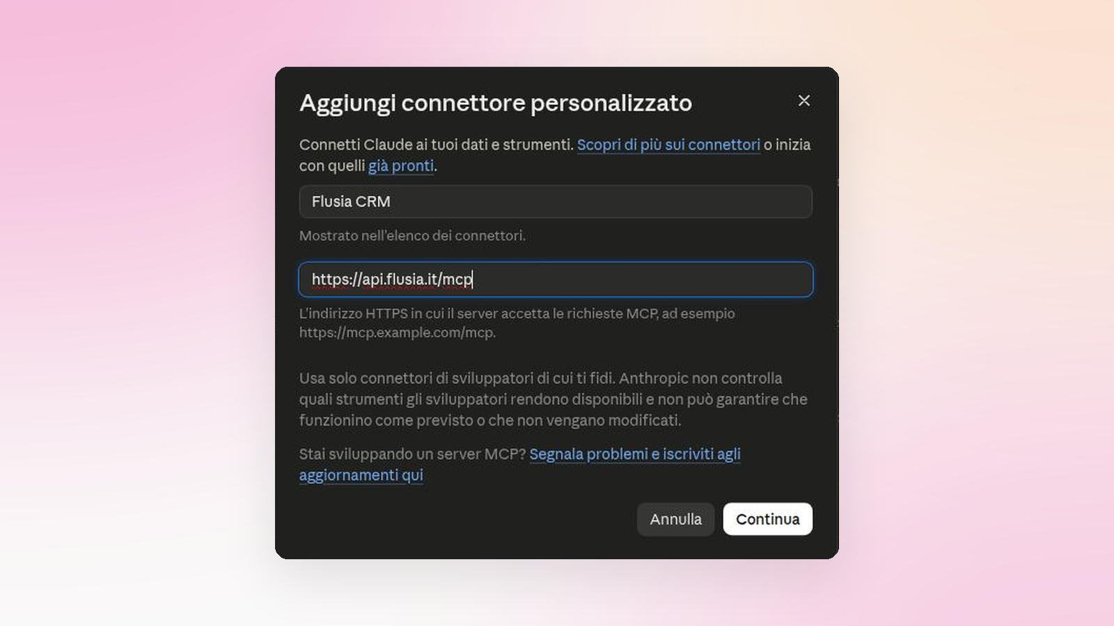 La finestra di Claude "Aggiungi connettore personalizzato" con dentro l'indirizzo del server MCP di Flusia