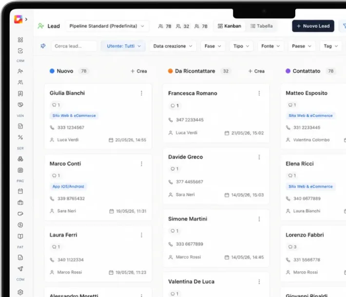 Pipeline lead in vista Kanban nel CRM di Flusia